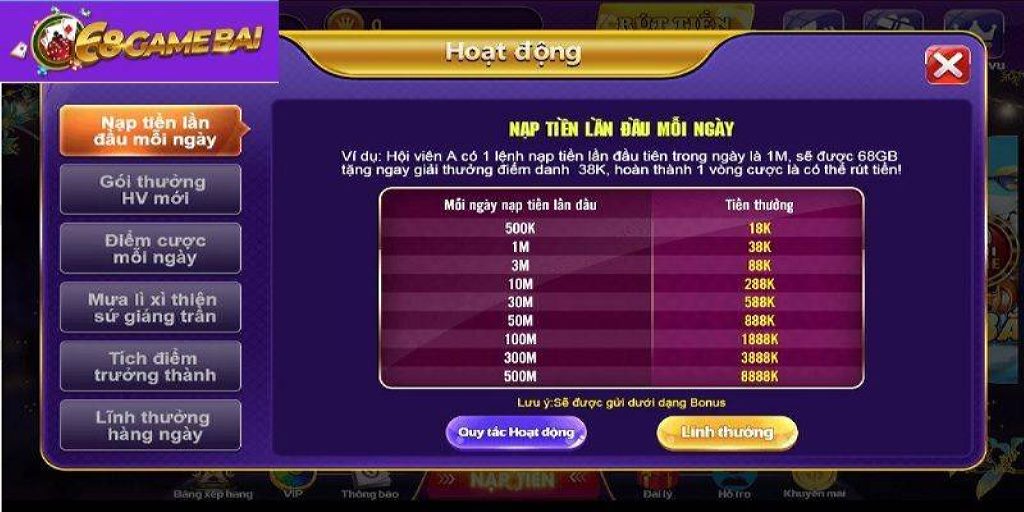 Thưởng nạp tiền lần đầu 68 Game Bài thưởng luôn trong ngày